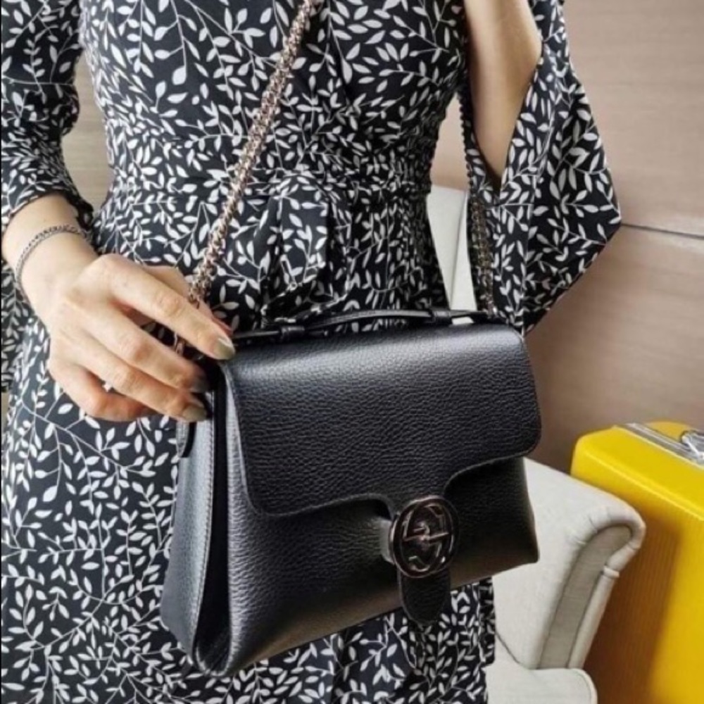 Gucci Dollar Calfskin Interlocking G Top Handle Shoulder Bag Black - Picture 5 of 15